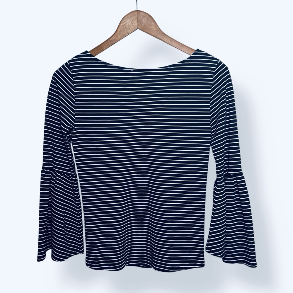 FRAME Women's Small Boatneck Bell Sleeve Navy & White Striped Modal Blouse Top - Picture 2 of 7
